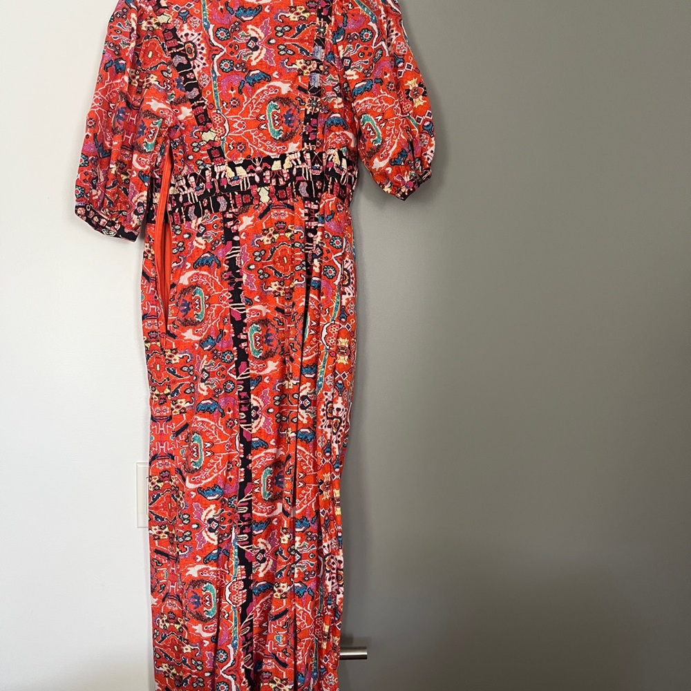 Anthropologie Red and Blue Paisley Short Sleeve Dress Sz:6